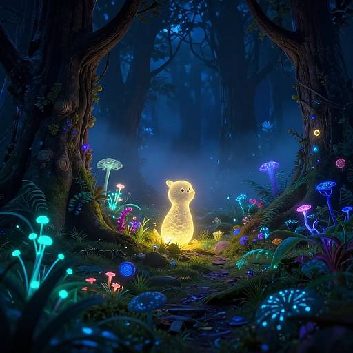 Digital artwork of a glowing, luminous caterpillar sitting in a dark, enchanted forest filled with vibrant, bioluminescent mushrooms and plants.