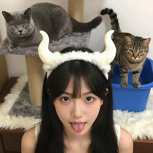 Young Woman with Glowing Horns and Cats