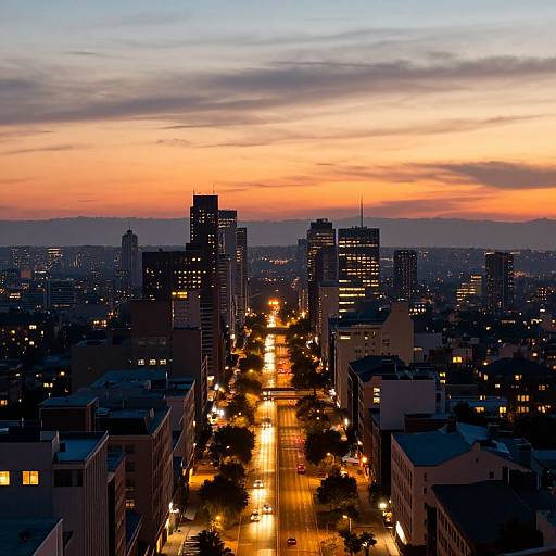 Photograph of a cityscape at sunset, featuring a bright orange and pink sky, silhouetted skyscrapers, and a glowing street lined