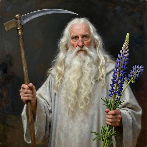 Elderly Druid Holding Sickle and Lupin Flowers