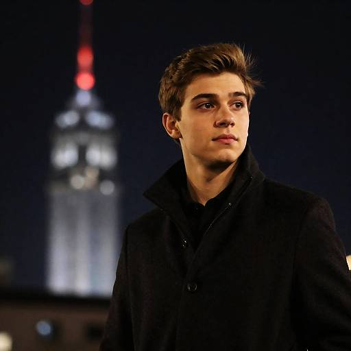 Young Man in Dark Coat at Night