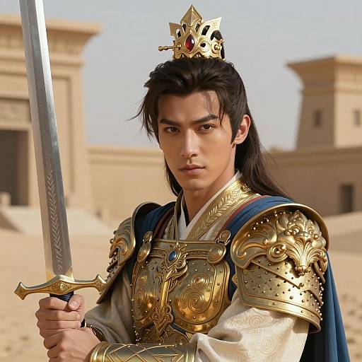 Young Warrior in Gold Armor with Sword