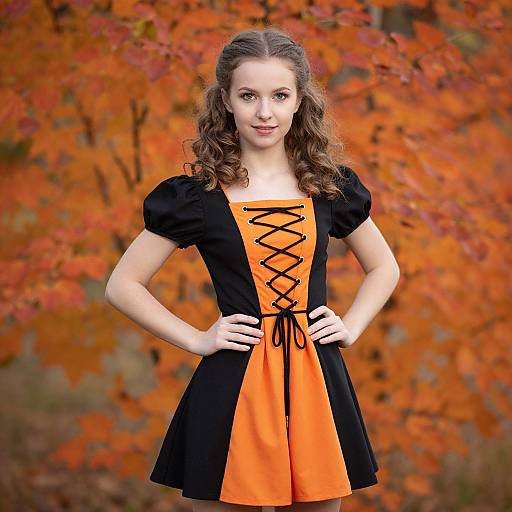 Photograph of a young woman with curly brown hair, wearing an orange and black dress with lace-up front, standing against an autumnal forest background with