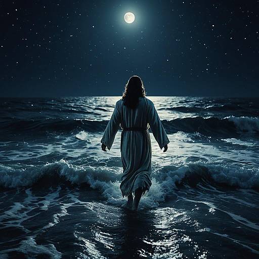 Moonlit Jesus Walking on Ocean Waves