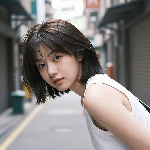 Photograph of an Asian woman with short black hair, wearing a white tank top, leaning forward in a narrow urban alley.