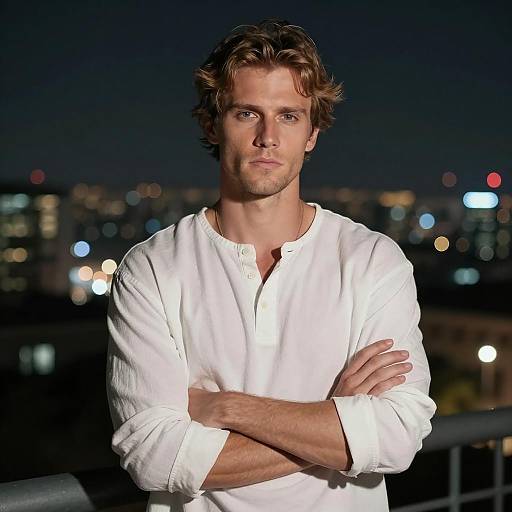 Man with Light Brown Hair at Night in Cityscape