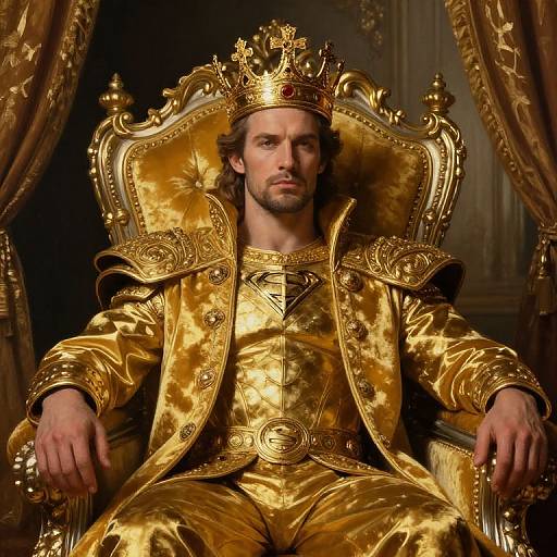 Photograph of a bearded man with long hair, wearing a gold crown and ornate golden royal outfit, seated on an elaborate throne.