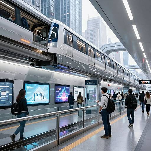 Photograph of modern subway station with double-decker train, passengers waiting, digital screens, glass barriers, and tall skyscrapers in background.