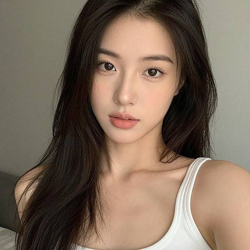 Photograph of a young East Asian woman with long black hair, fair skin, and brown eyes, wearing a white tank top, looking directly at the
