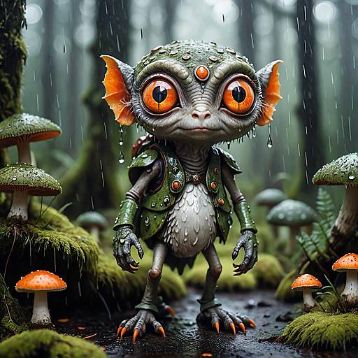 Fantasy Creature in Rainy Forest