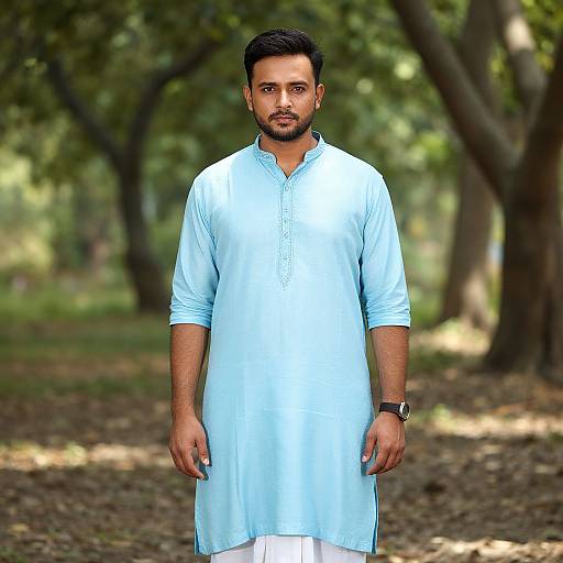 Photograph of a bearded South Asian man with short black hair, wearing a light blue traditional kurta, standing in a sunlit, tree-filled