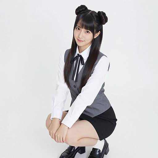 Young Asian Woman in School Uniform Squatting