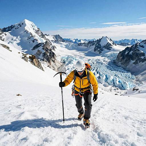 Photograph of a mountaineer in bright yellow jacket, black pants, white helmet, and red headband, climbing snowy mountain peak with glacier and