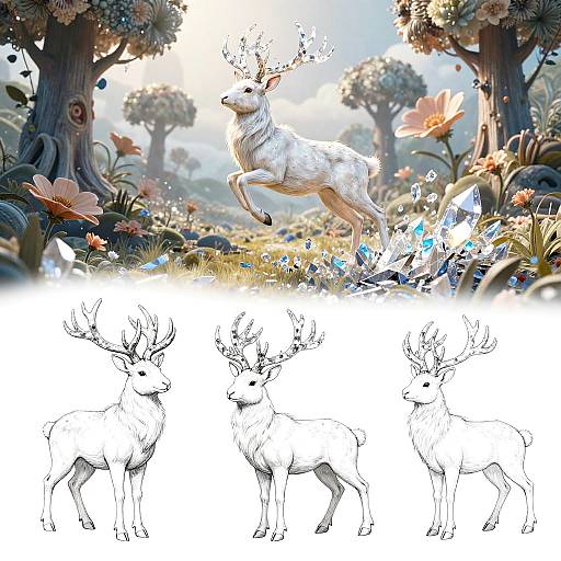 Surreal Stag Line Art with Crystal Antlers