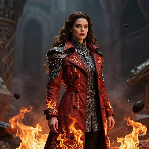 Epic Female Warrior in Fiery Armor