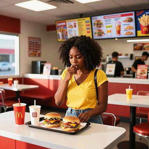 Photograph of a Black woman with curly hair, wearing a yellow shirt and jeans, eating a burger at McDonald's, with menu boards and red booths