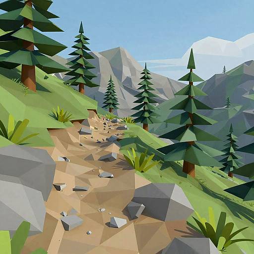 Geometric digital illustration of a mountainous forest path with angular pine trees, grey rocks, green grass, and a bright blue sky.
