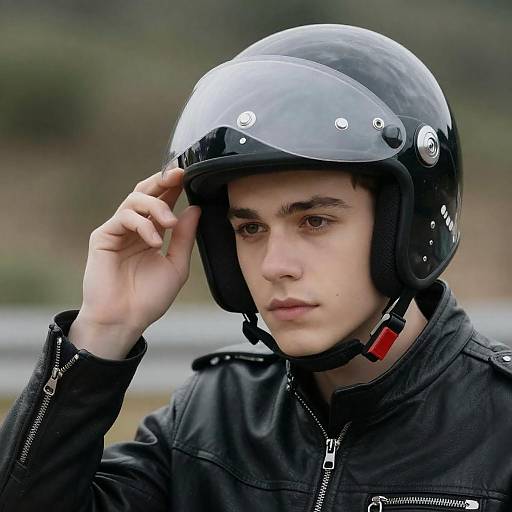 Young Rider Adjusting Motorcycle Helmet