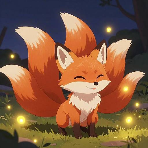 Adorable cartoon fox with six vibrant orange and white-tipped tails, smiling blissfully in a nighttime forest, surrounded by glowing fireflies.