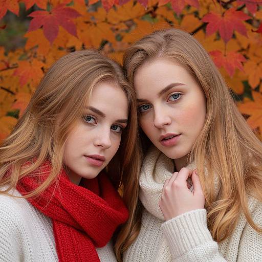 Photograph of two fair-skinned, blue-eyed women with long blonde hair, wearing white sweaters and red scarves, standing against a backdrop of