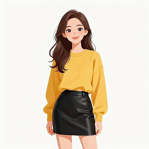 Digital anime-style drawing of a smiling young woman with long brown hair, wearing a yellow sweater and black leather skirt, standing against a white background.