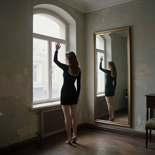 Photograph of a woman in a black dress, standing barefoot, raising her arm to touch a bright window, reflected in a large mirror in a