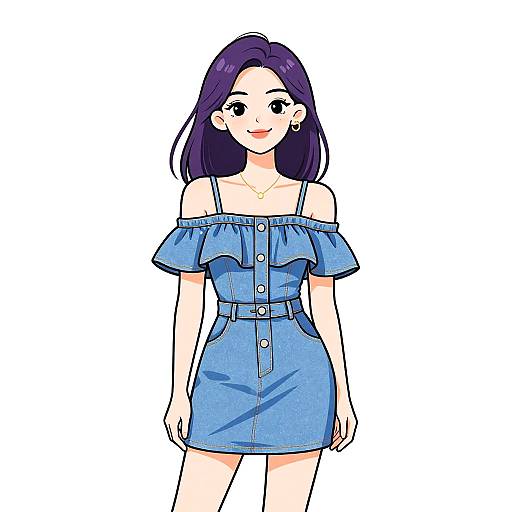 Digital anime-style drawing of a smiling young woman with long purple hair, wearing an off-shoulder blue denim dress, standing against a plain white background