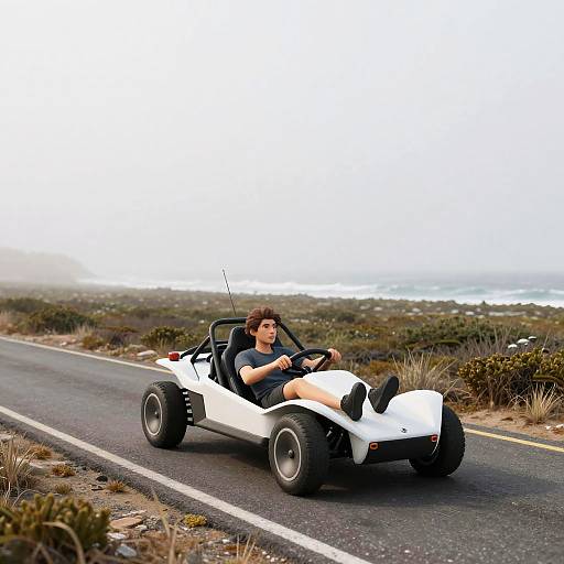 Person Driving Solar-Powered Dune Buggy on Coastal Road