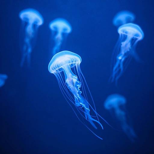 Photograph of glowing blue jellyfish with translucent, flowing tentacles against a dark blue underwater background, creating a mesmerizing, ethereal effect.