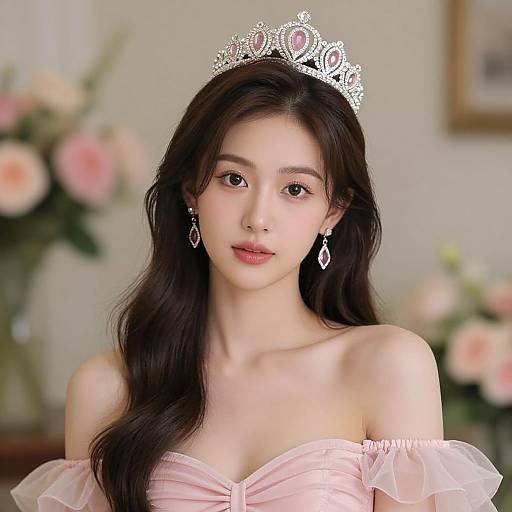 Photograph of an Asian woman with long black hair, wearing a pink off-shoulder dress, silver tiara, and teardrop earrings,