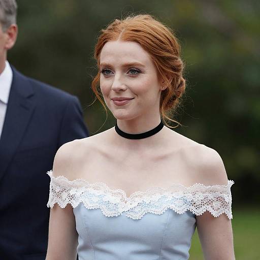 Elegant Redhead in Light Blue Dress