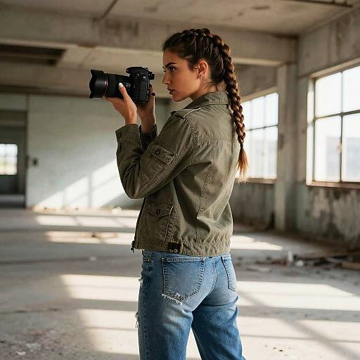 Photograph of a young woman with braided hair, green jacket, and blue jeans, holding a camera, standing in a sunlit, abandoned warehouse