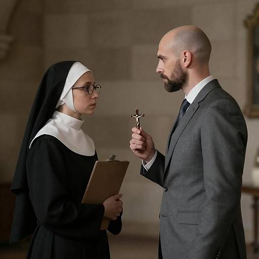 Man Holding Cross to Nun in Stone Room