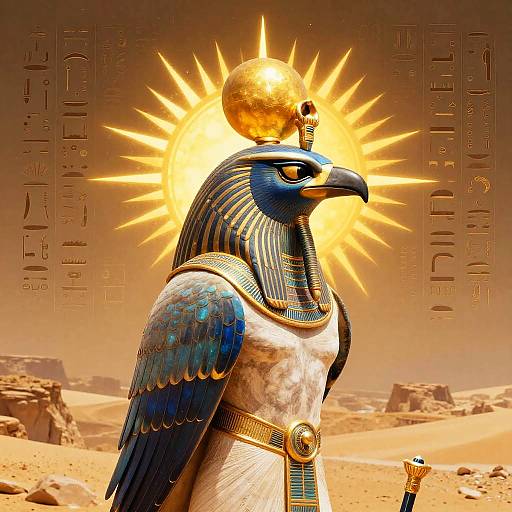Digital art of an Egyptian-themed, anthropomorphic blue falcon with a golden sun halo, wearing a nemes headdress and ornate collar, standing