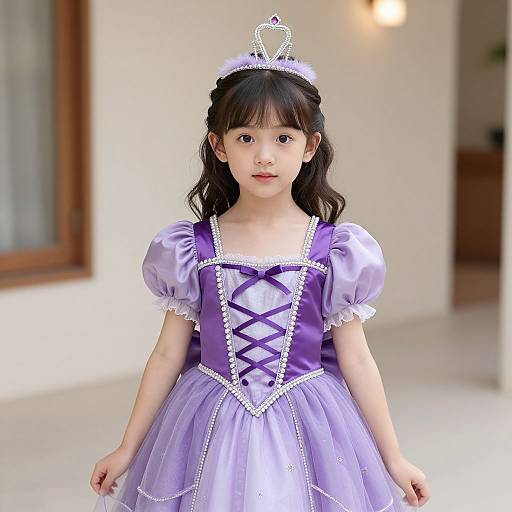 Photograph of an Asian girl with black hair, wearing a lavender princess dress with white trim, purple corset, and tiara, standing indoors.
