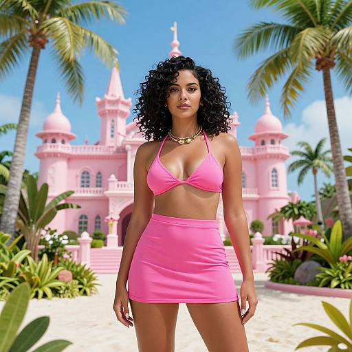 Photorealistic image of a curvy, dark-haired woman in a pink bikini top and matching mini-skirt, standing in front of a pink castle