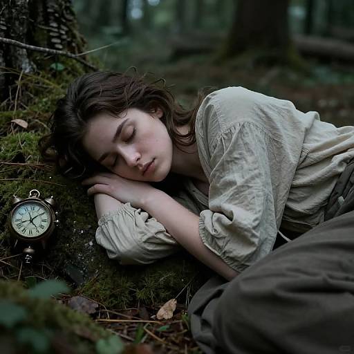 Photograph of a young woman with closed eyes, lying on forest floor, wearing white blouse, brown pants, beside a vintage pocket watch.