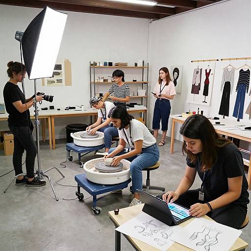 Photograph of a fashion design studio: four women, diverse ethnicities, working on sewing and sketching, one photographer with a studio light.