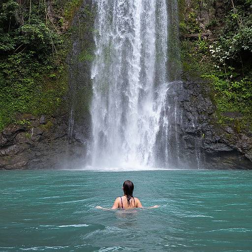 Photograph of a person with dark hair swimming in turquoise water, facing a tall, cascading waterfall surrounded by lush greenery.