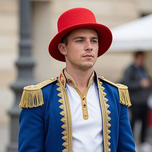 Photograph of a fair-skinned man with short brown hair, wearing a bright red hat, blue military-style jacket with gold epaulettes,