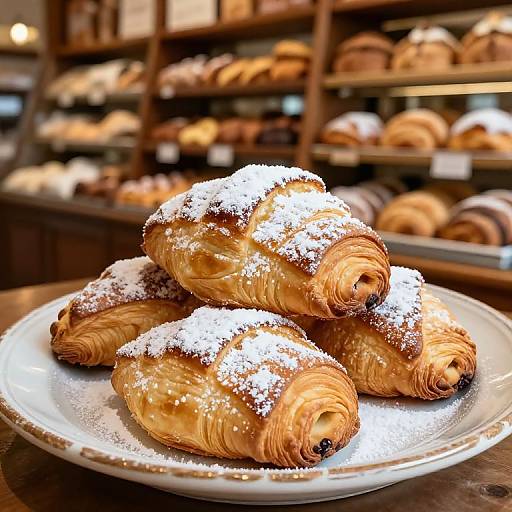 Photograph of a plate with four golden, powdered sugar-covered croissants, stacked on a wooden table in a cozy bakery with blurred shelves of assorted
