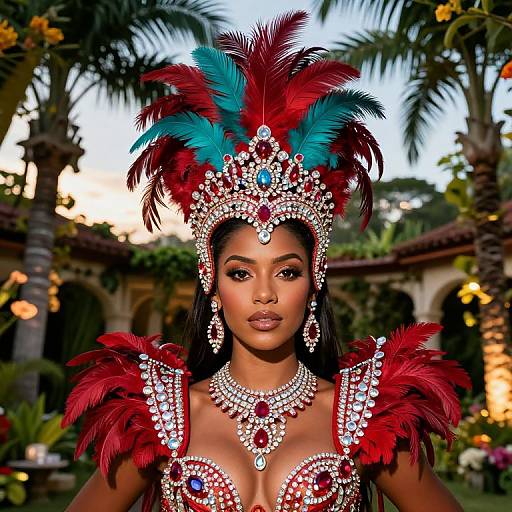 Photograph of a beautiful woman with dark skin, wearing an ornate red and blue feathered headdress, sparkling red and diamond jewelry, and a