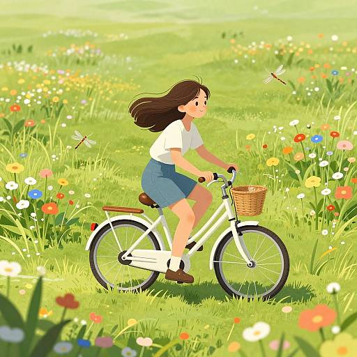 Digital illustration of a young girl with brown hair riding a white bicycle through a vibrant, sunlit meadow filled with colorful flowers. She wears a white