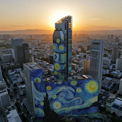 Photograph of a cityscape at sunset with a skyscraper adorned in Vincent van Gogh's 