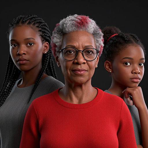 Photograph of an African-American grandmother with gray and white curly hair, black glasses, and red sweater, flanked by two younger girls with braided