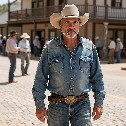 Photograph of an older, bearded man in a white cowboy hat and blue denim shirt, standing in a sunlit Western town square with wooden buildings