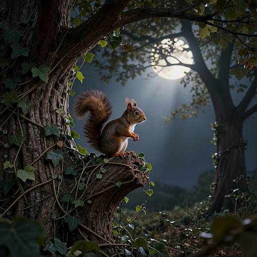 Photograph of a red squirrel with a bushy tail, sitting on a tree branch covered in ivy, illuminated by moonlight filtering through dense forest