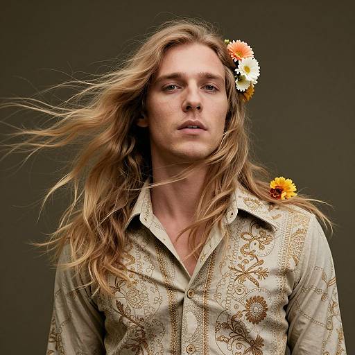 Photograph of a long-haired, fair-skinned man with wind-swept hair, wearing a patterned beige shirt, adorned with yellow and white