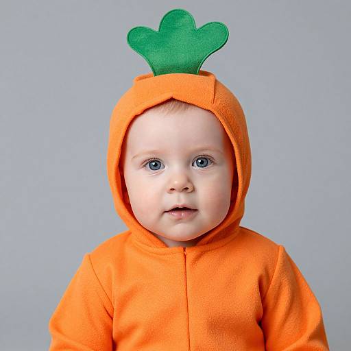 Photograph of a fair-skinned baby with blue eyes wearing an orange carrot-themed onesie with green leaf-shaped ears, against a plain light blue background