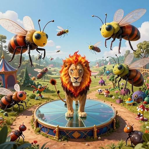Digital illustration of a majestic lion on a glass stage, surrounded by large, cartoonish bees flying and buzzing in a vibrant, sunny circus-like field.